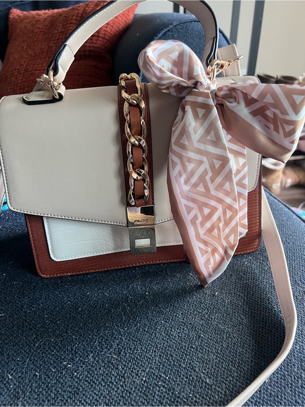 Aldo Cream, White & Brown Satchel with Gold Chain and Scarf Accent